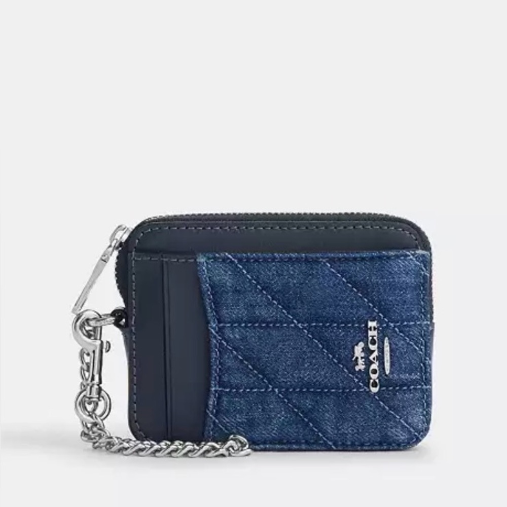 🔥Coach Denim Quilted Zip Card Case, Silver Hardware NWT